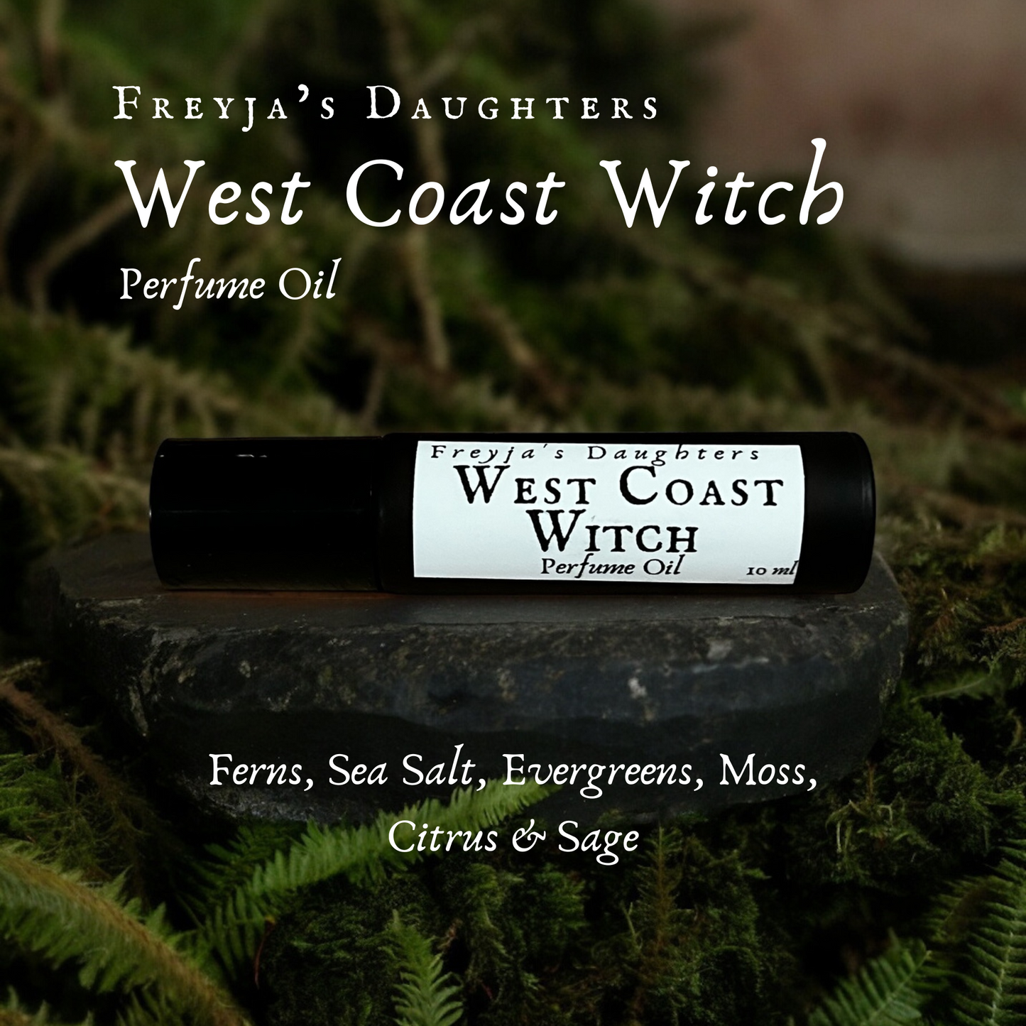 a bottle of west coast witch perfume sitting on a rock