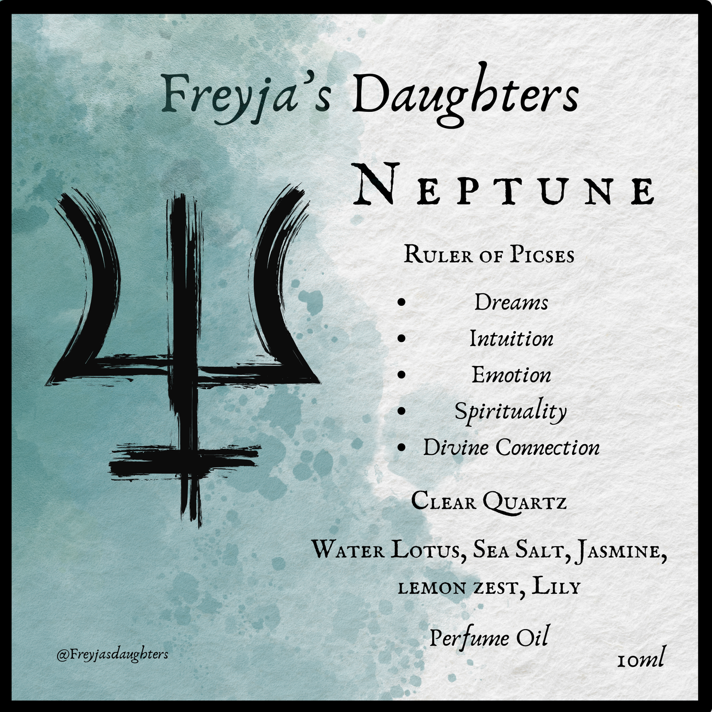 Stylish graphic showing the key features of Freyja's Daughters Neptune perfume, including notes of water lotus, sea salt, jasmine, and lily on a textured blue background.