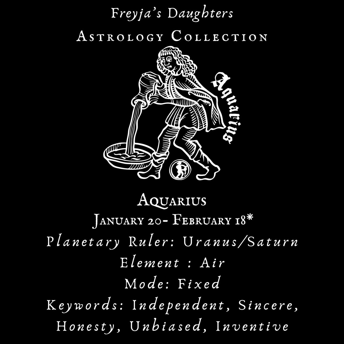 a black and white flyer with a picture of the water bearer and information about Aquarius astrology sign