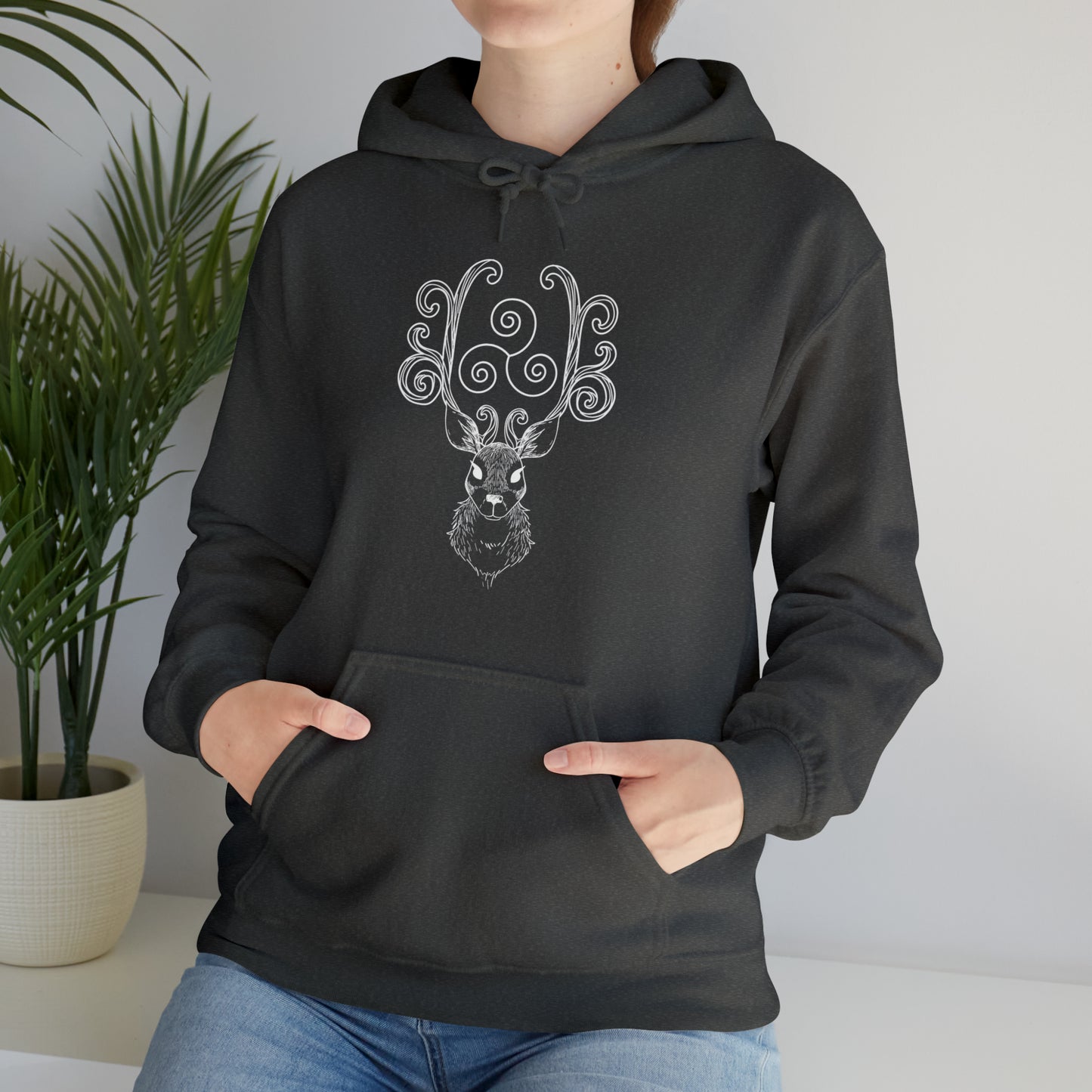 Triskele Stag Unisex Hoodie, Triple Spiral Heavy Blend Hooded Sweatshirt, Magical Deer Hoody