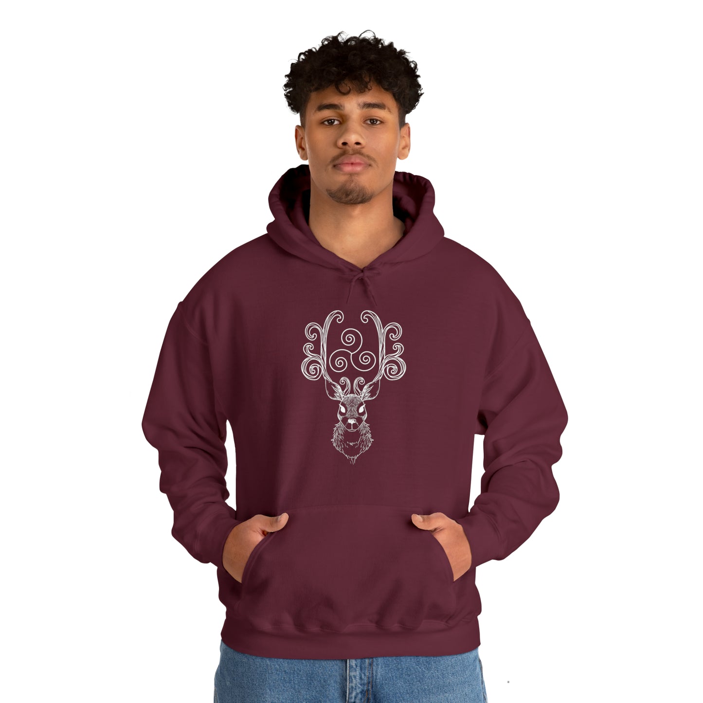 Triskele Stag Unisex Hoodie, Triple Spiral Heavy Blend Hooded Sweatshirt, Magical Deer Hoody