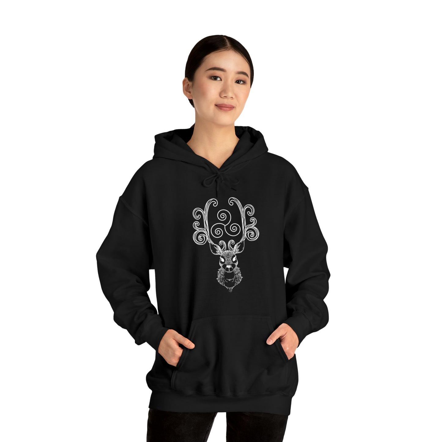 Triskele Stag Unisex Hoodie, Triple Spiral Heavy Blend Hooded Sweatshirt, Magical Deer Hoody