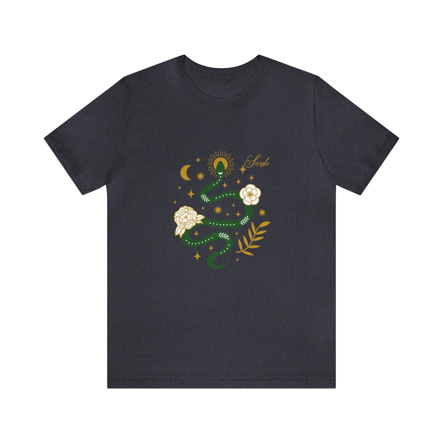 Saule, Goddess of the Sun Unisex Tee, Saule Green Snake + Rosette  T-Shirt