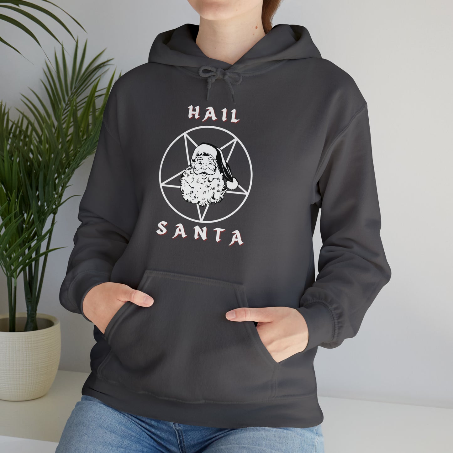 Hail Santa Hoodie, Fun Holiday Heavy Blend Hooded Sweatshirt, Pentagram with Vintage Santa Hoody