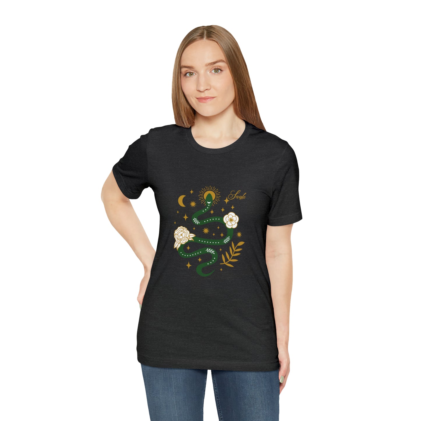 Saule, Goddess of the Sun Unisex Tee, Saule Green Snake + Rosette  T-Shirt