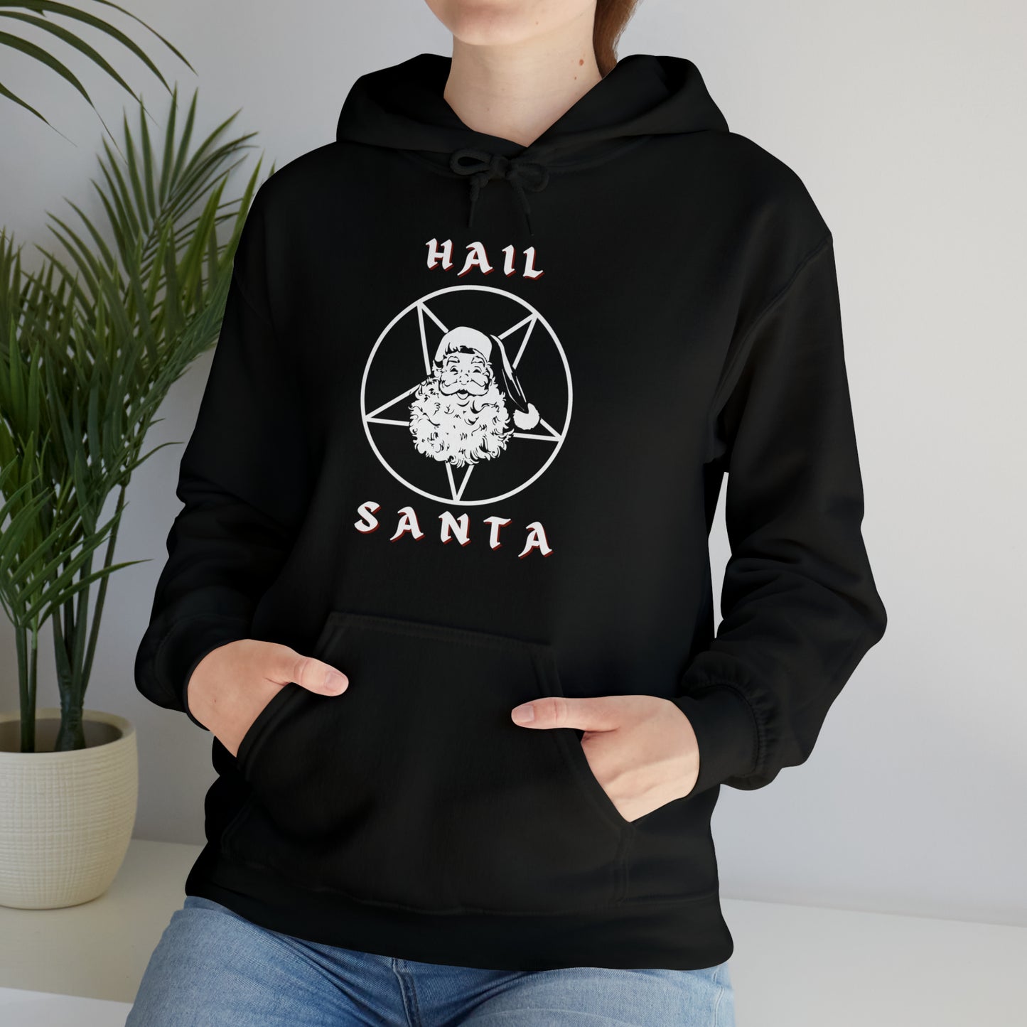 Hail Santa Hoodie, Fun Holiday Heavy Blend Hooded Sweatshirt, Pentagram with Vintage Santa Hoody