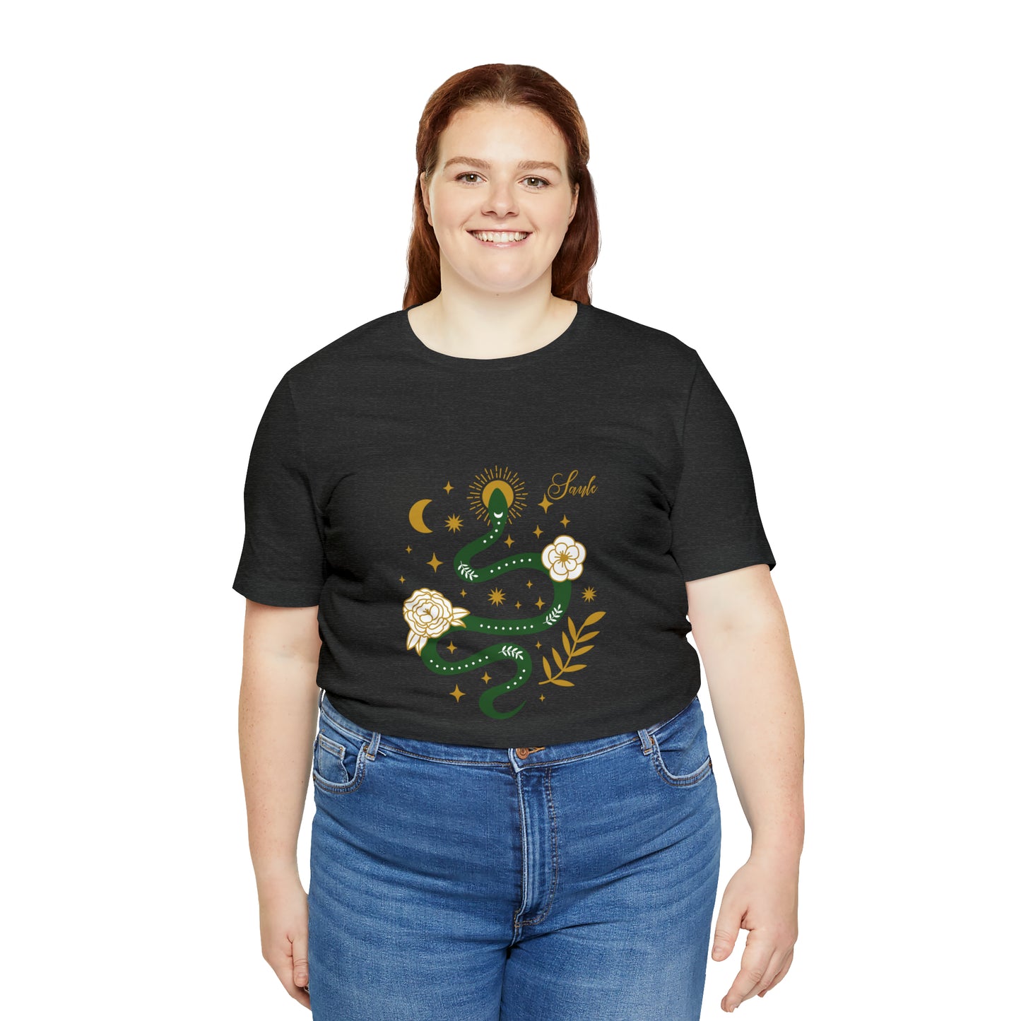 Saule, Goddess of the Sun Unisex Tee, Saule Green Snake + Rosette  T-Shirt