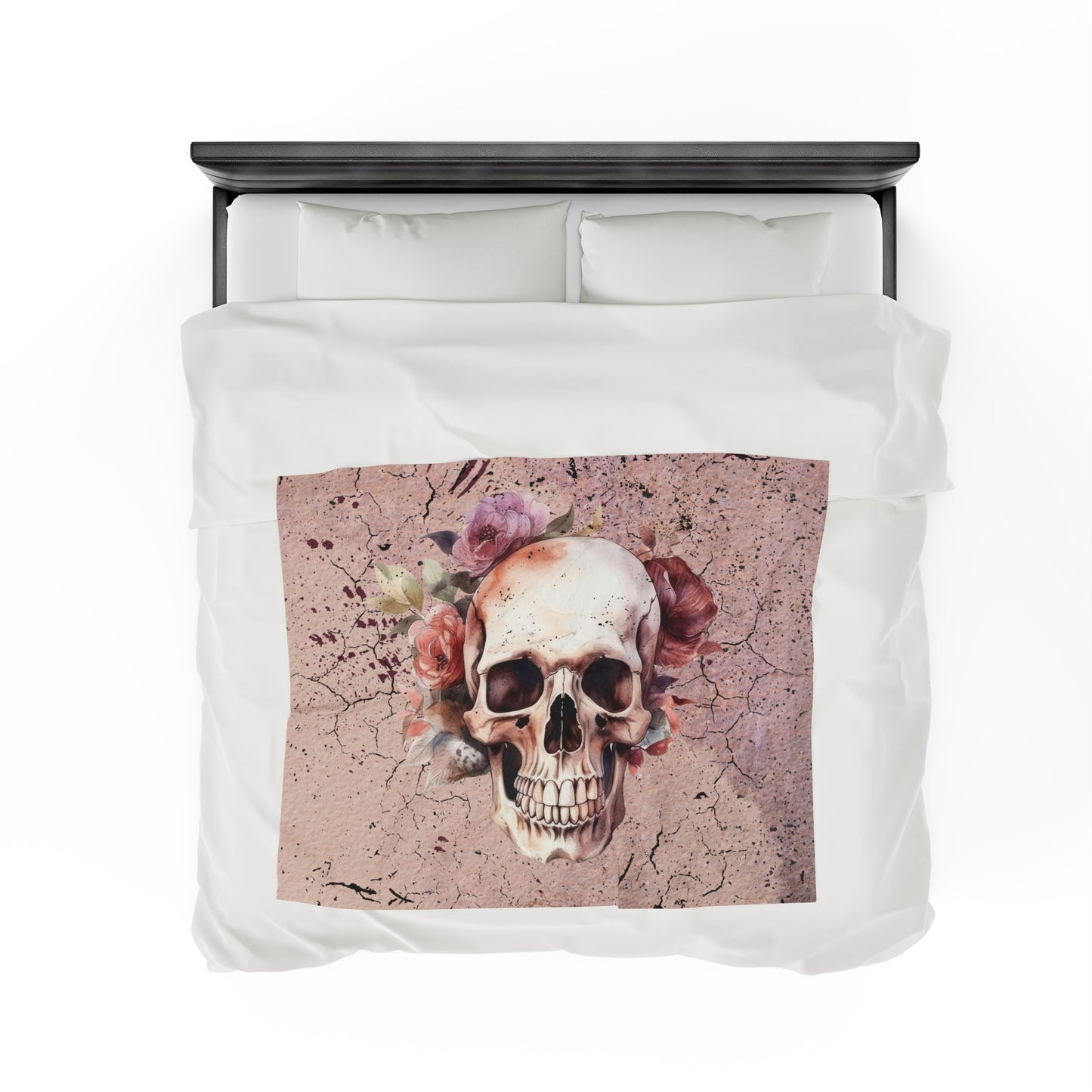 Watercolor Skull in Muted Pinks Velveteen Blanket, Flowers and Skulls Throw Blanket