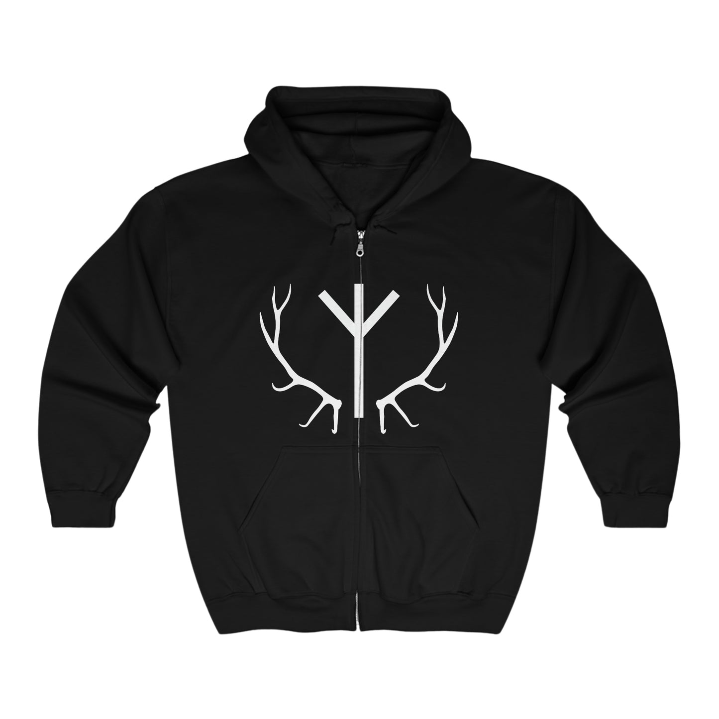 Algiz Antler Unisex Zip up Hoodie, Rune Heavy Blend Full Zip Hooded Sweatshirt, Norse Pagan Sweater