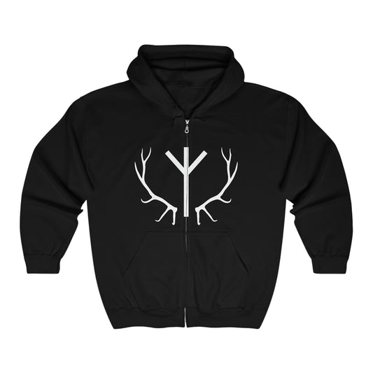 Algiz Antler Unisex Zip up Hoodie, Rune Heavy Blend Full Zip Hooded Sweatshirt, Norse Pagan Sweater