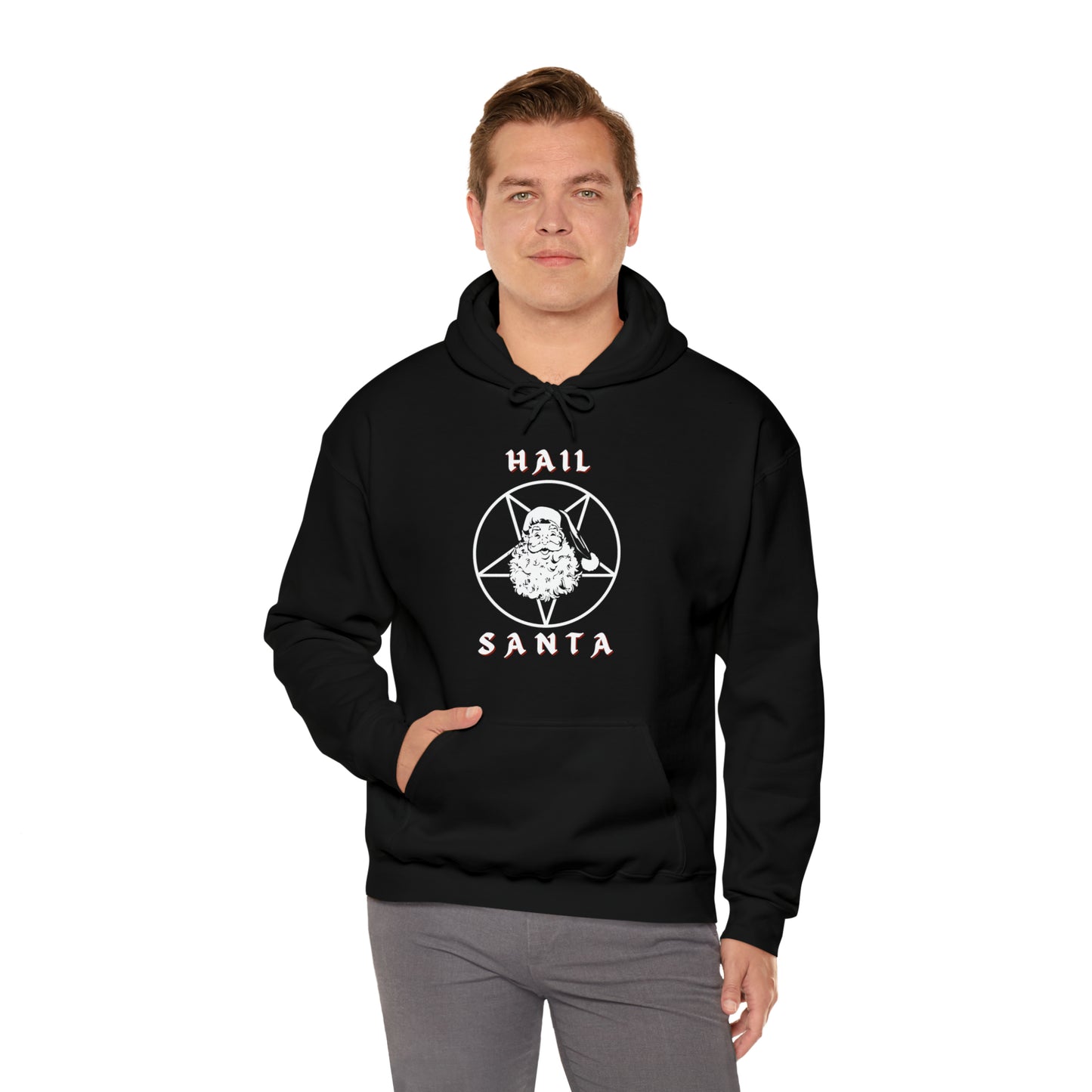 Hail Santa Hoodie, Fun Holiday Heavy Blend Hooded Sweatshirt, Pentagram with Vintage Santa Hoody