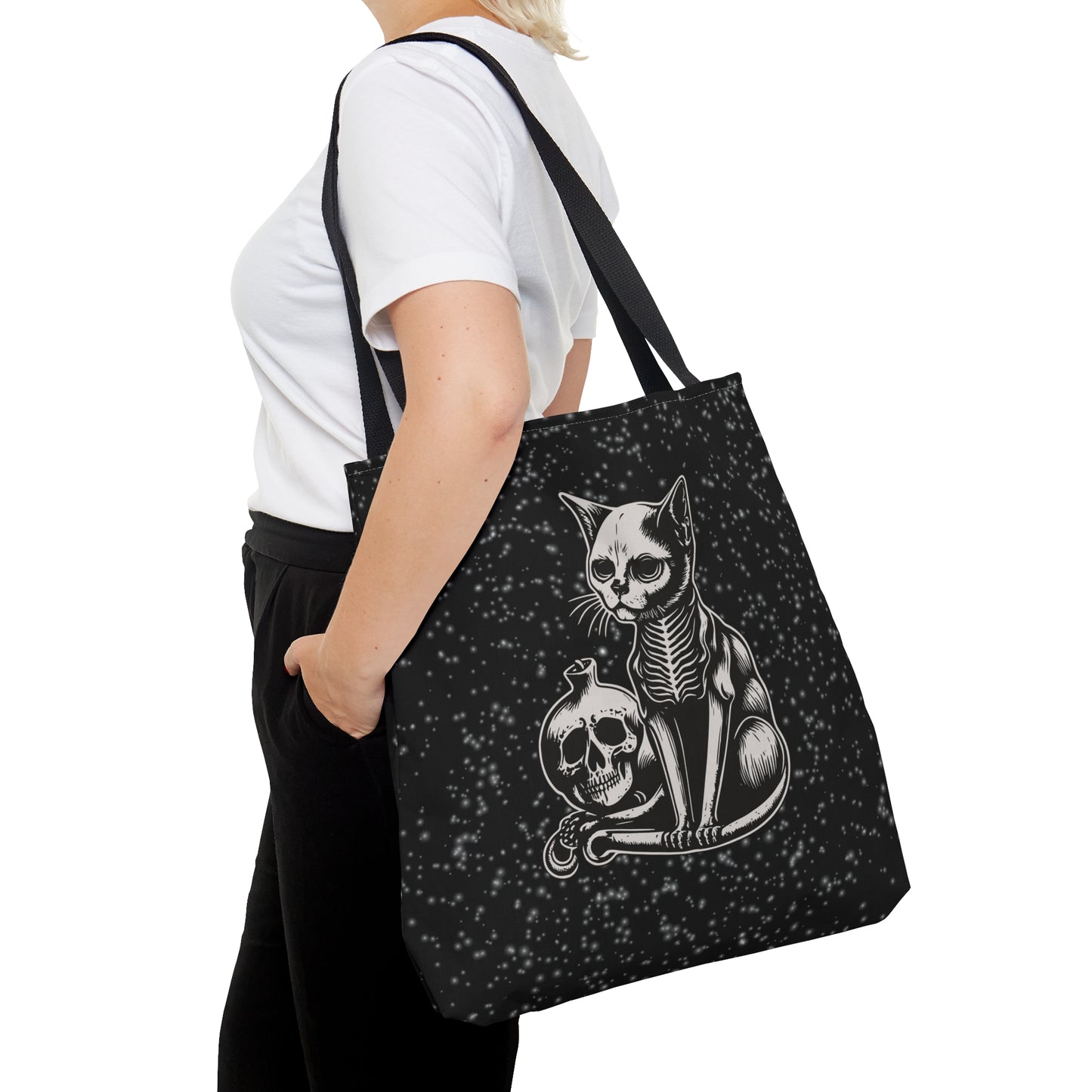 Skeleton Cat Tote, Skeleton Kitty Bag, Goth Cat, Black and white simplistic design