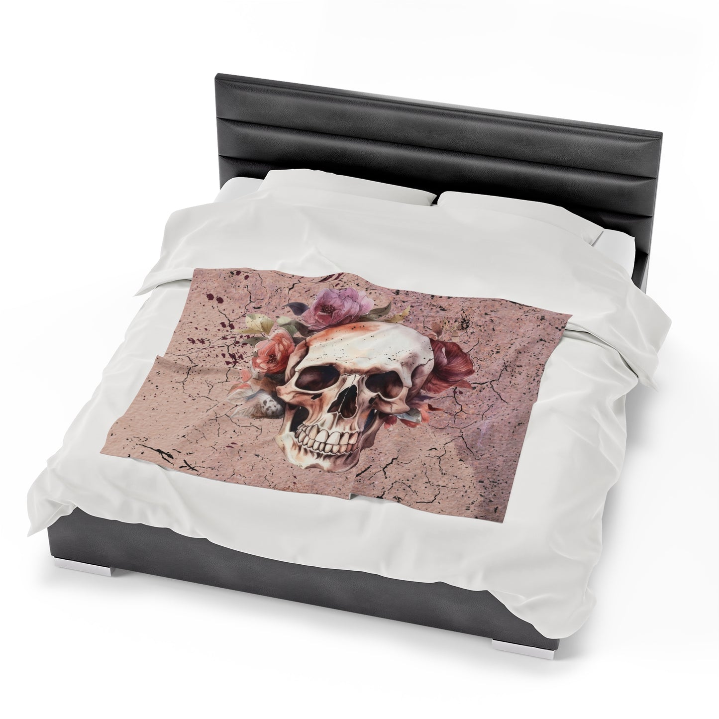 Watercolor Skull in Muted Pinks Velveteen Blanket, Flowers and Skulls Throw Blanket