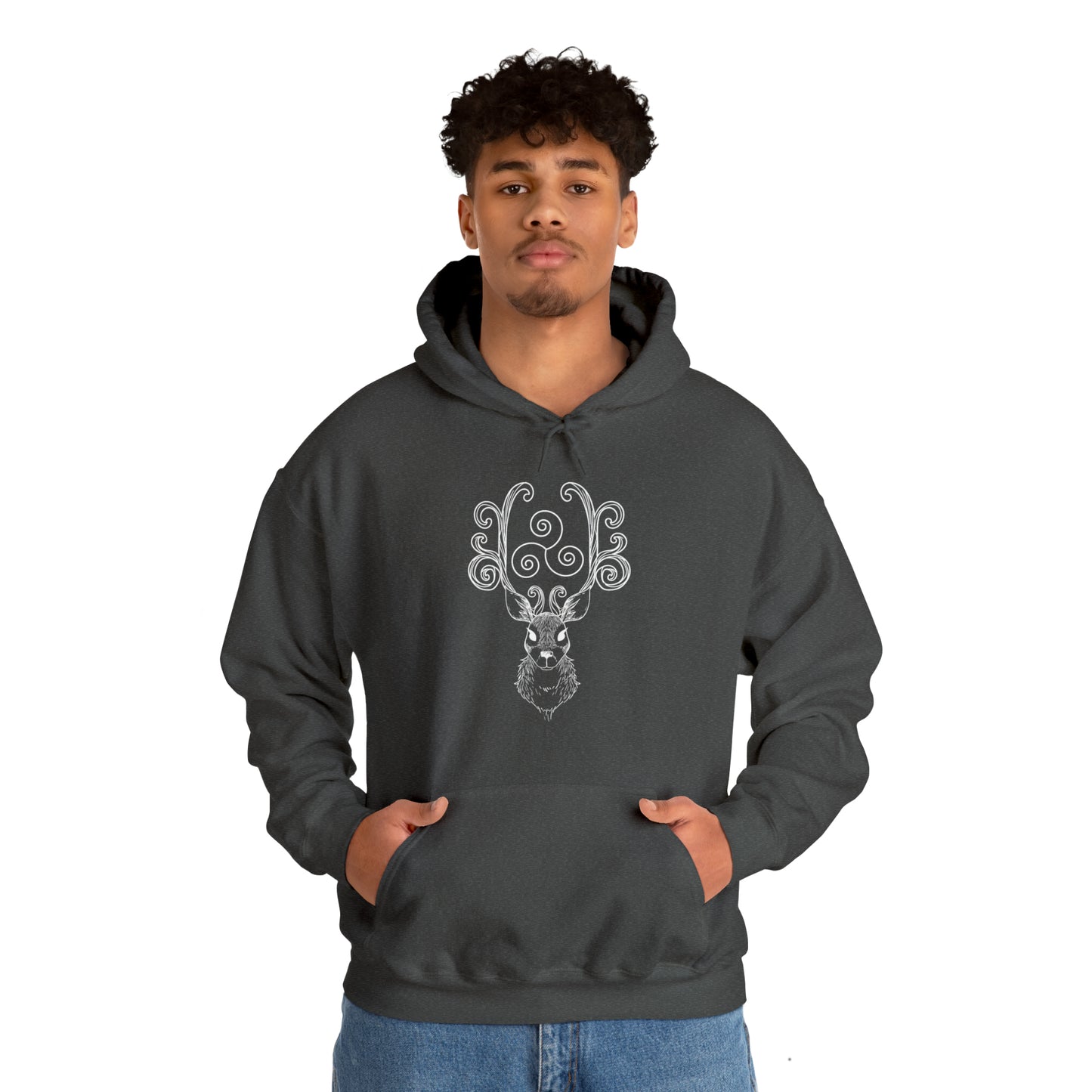 Triskele Stag Unisex Hoodie, Triple Spiral Heavy Blend Hooded Sweatshirt, Magical Deer Hoody