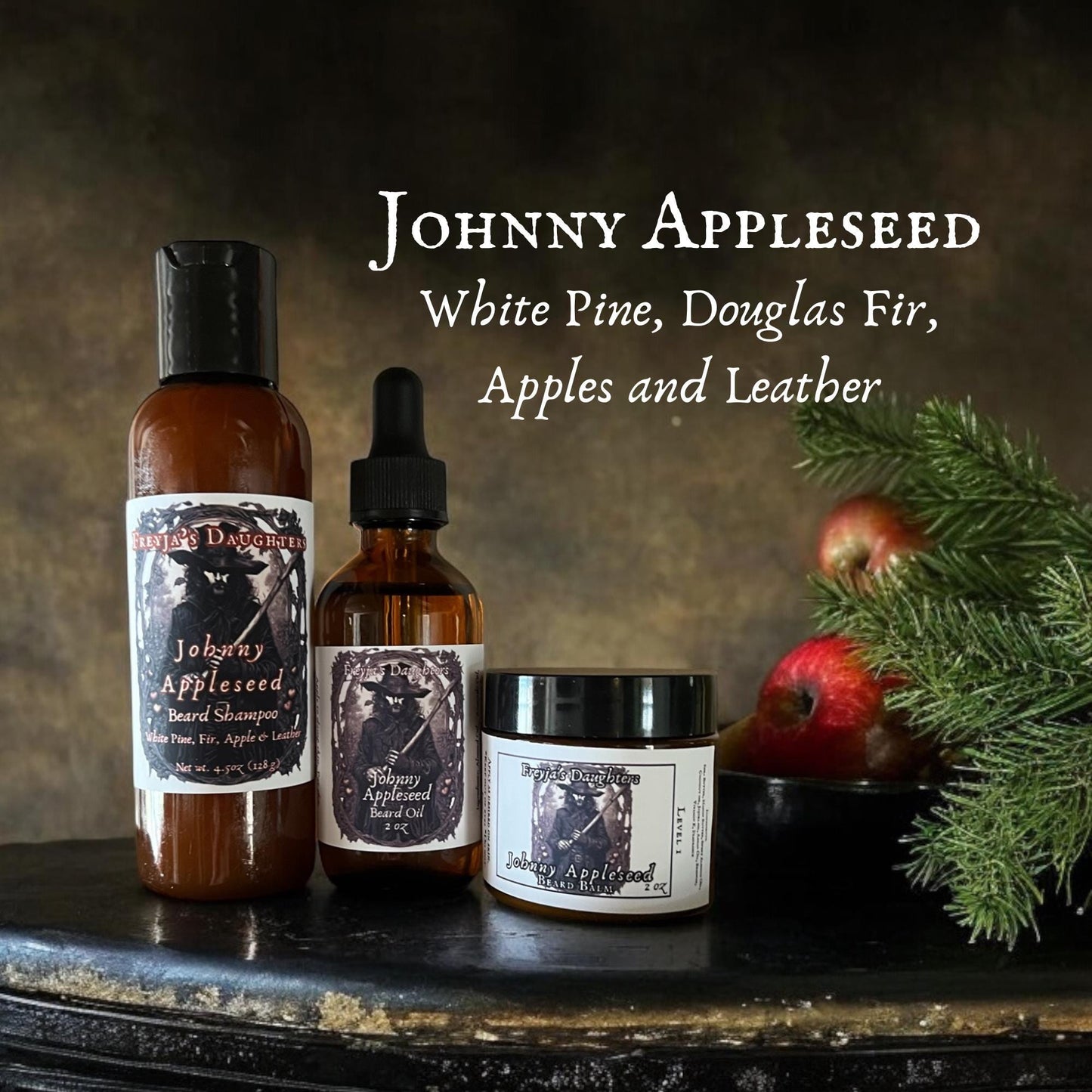 johnny appleseed, white pine, douglas fir, apples and leather