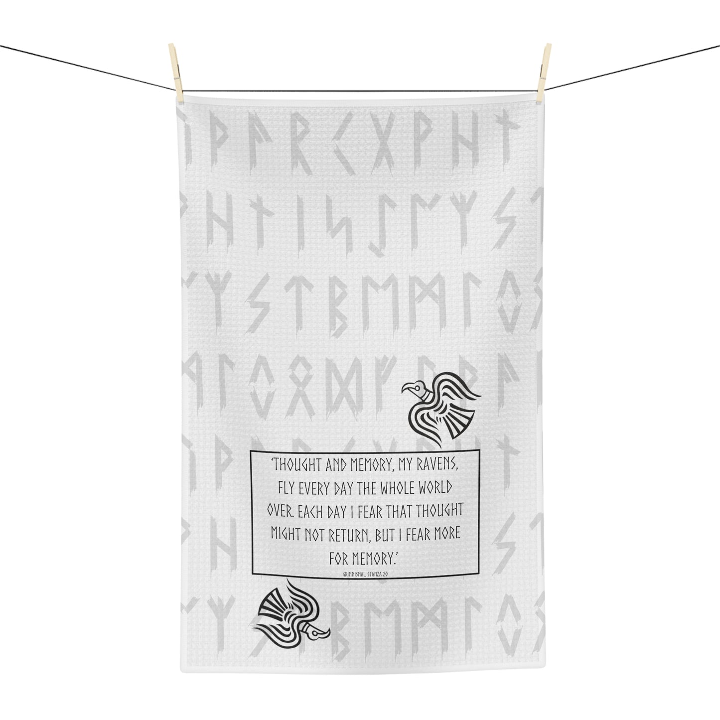 Huginn and Muninn Kitchen Towel, Runes w Ravens Grimnismal Soft Tea Towel, Odin's words