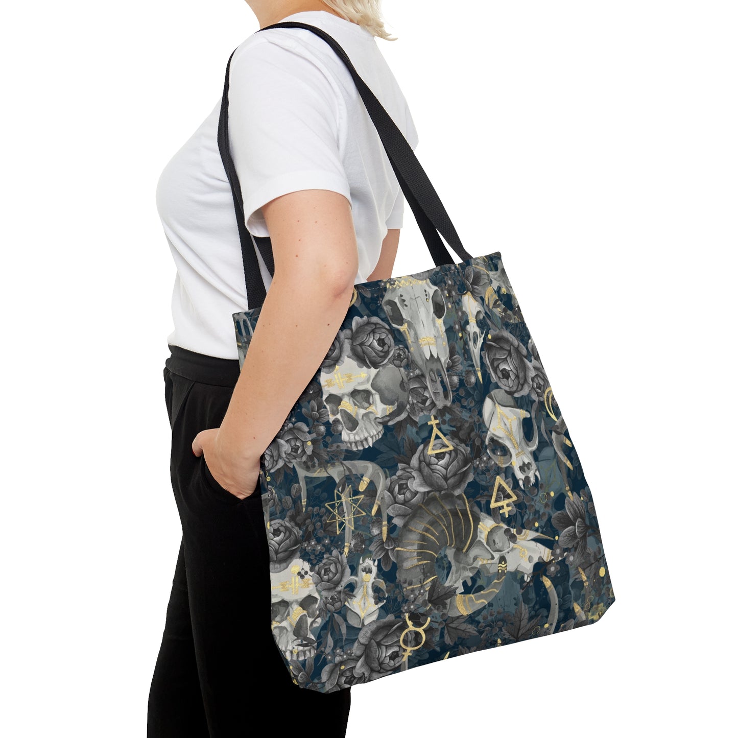 Gothic Skull Tote, Dark Floral with skulls and Magical symbols Bag