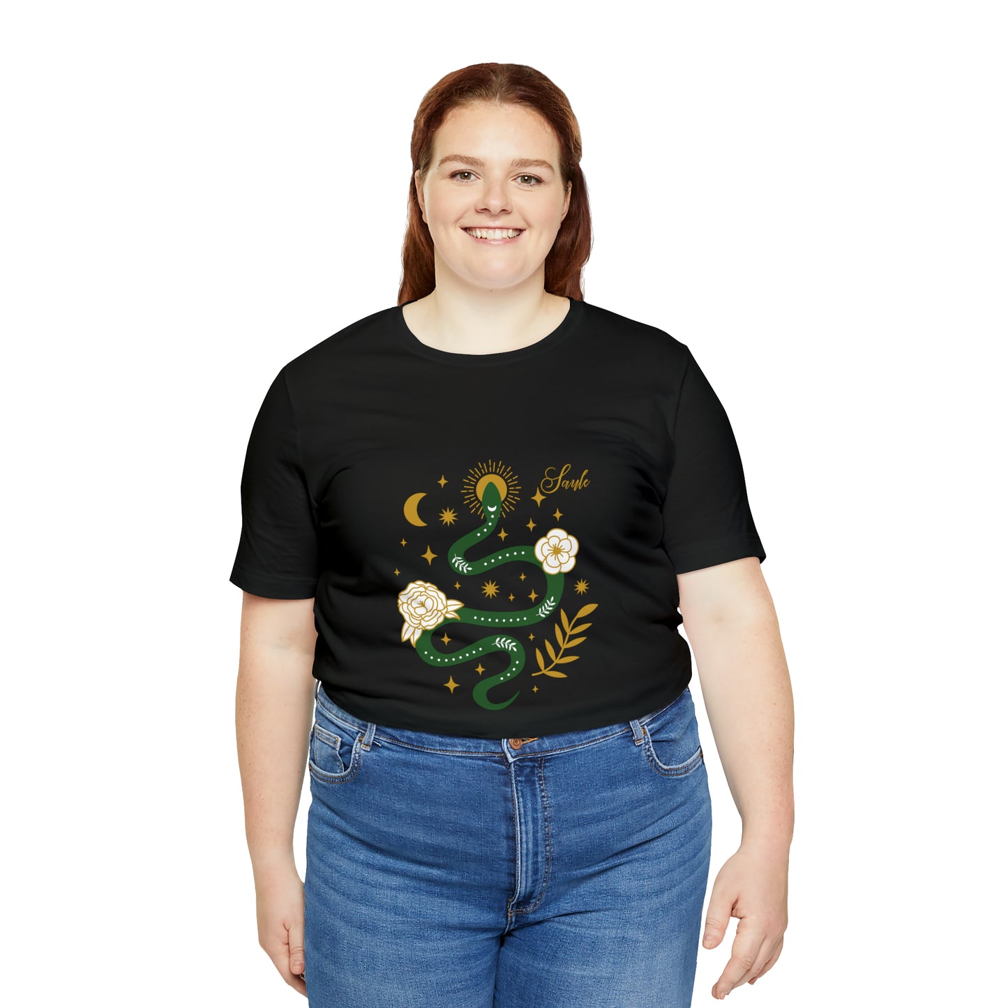 Saule, Goddess of the Sun Unisex Tee, Saule Green Snake + Rosette  T-Shirt