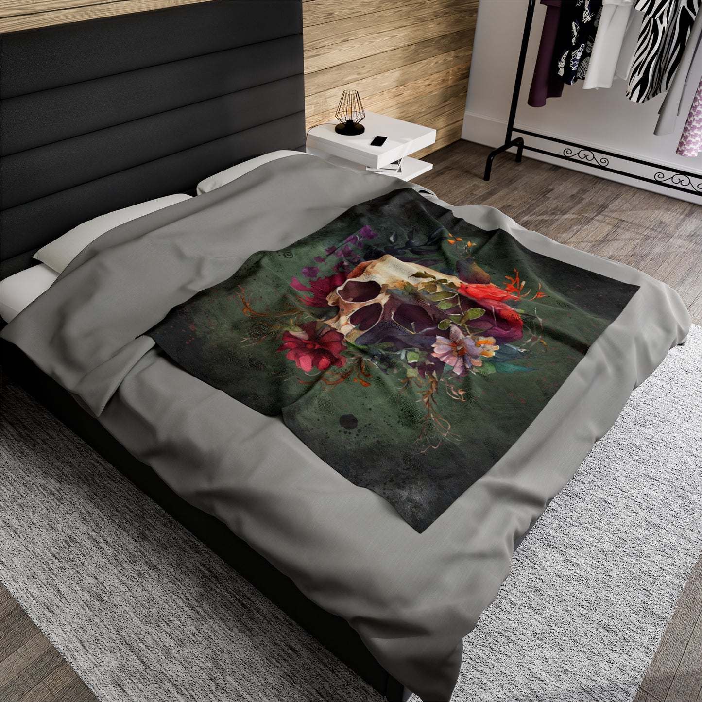 Gothic Watercolor Velveteen Blanket, Flowers and Skulls Throw Blanket, Greens and Blacks