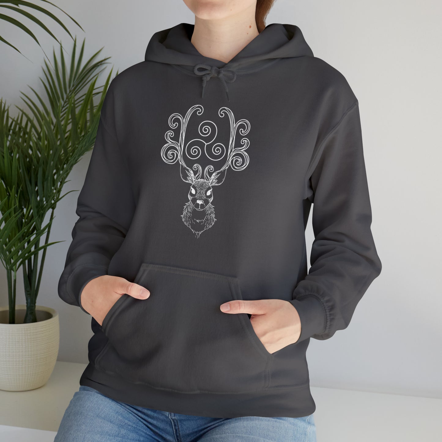 Triskele Stag Unisex Hoodie, Triple Spiral Heavy Blend Hooded Sweatshirt, Magical Deer Hoody