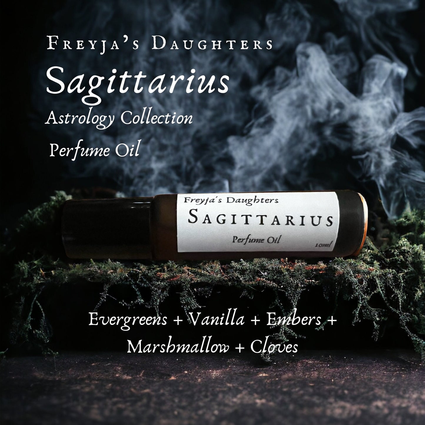 a bottle of sagittarus perfume oil sitting on top of a table