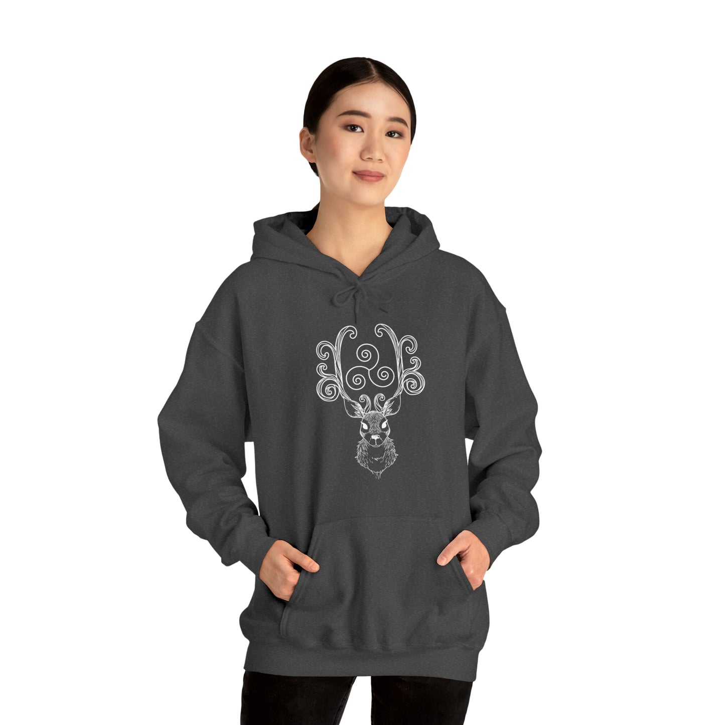 Triskele Stag Unisex Hoodie, Triple Spiral Heavy Blend Hooded Sweatshirt, Magical Deer Hoody