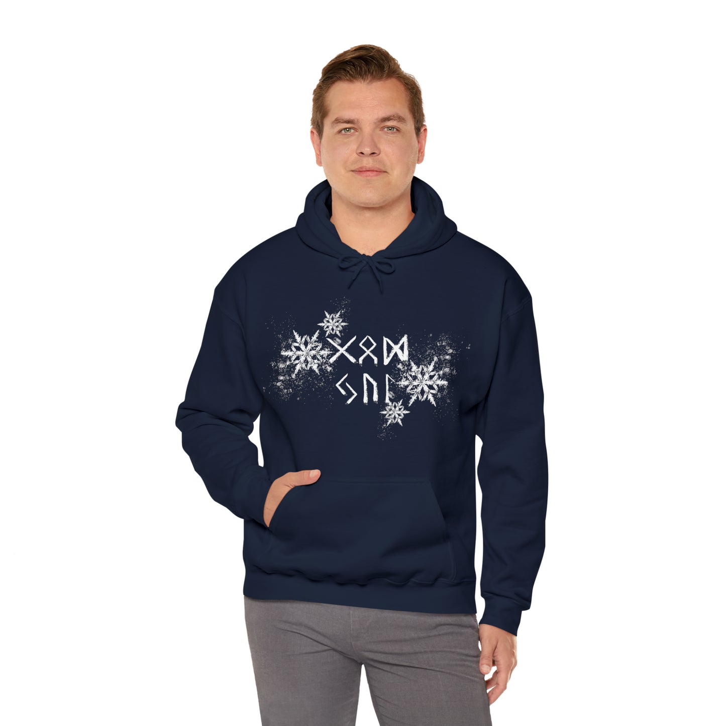 God Jul Runes Unisex Hoodie, Good Yule Heavy Blend Hooded Sweatshirt, Norse Pagan Holiday Pullover Hoody