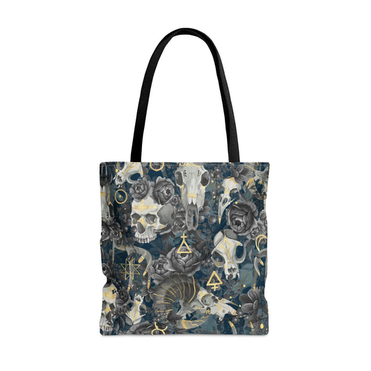 Gothic Skull Tote, Dark Floral with skulls and Magical symbols Bag