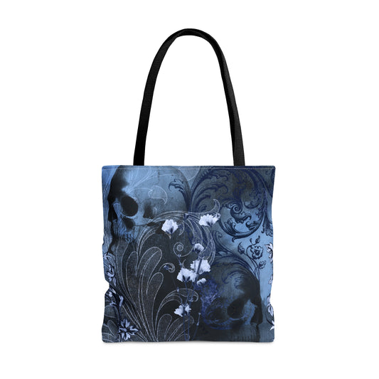 Victorian Gothic Tote, Vintage decorative flourishes w skulls Bag, Blues and Black with Antique illustrations of skulls