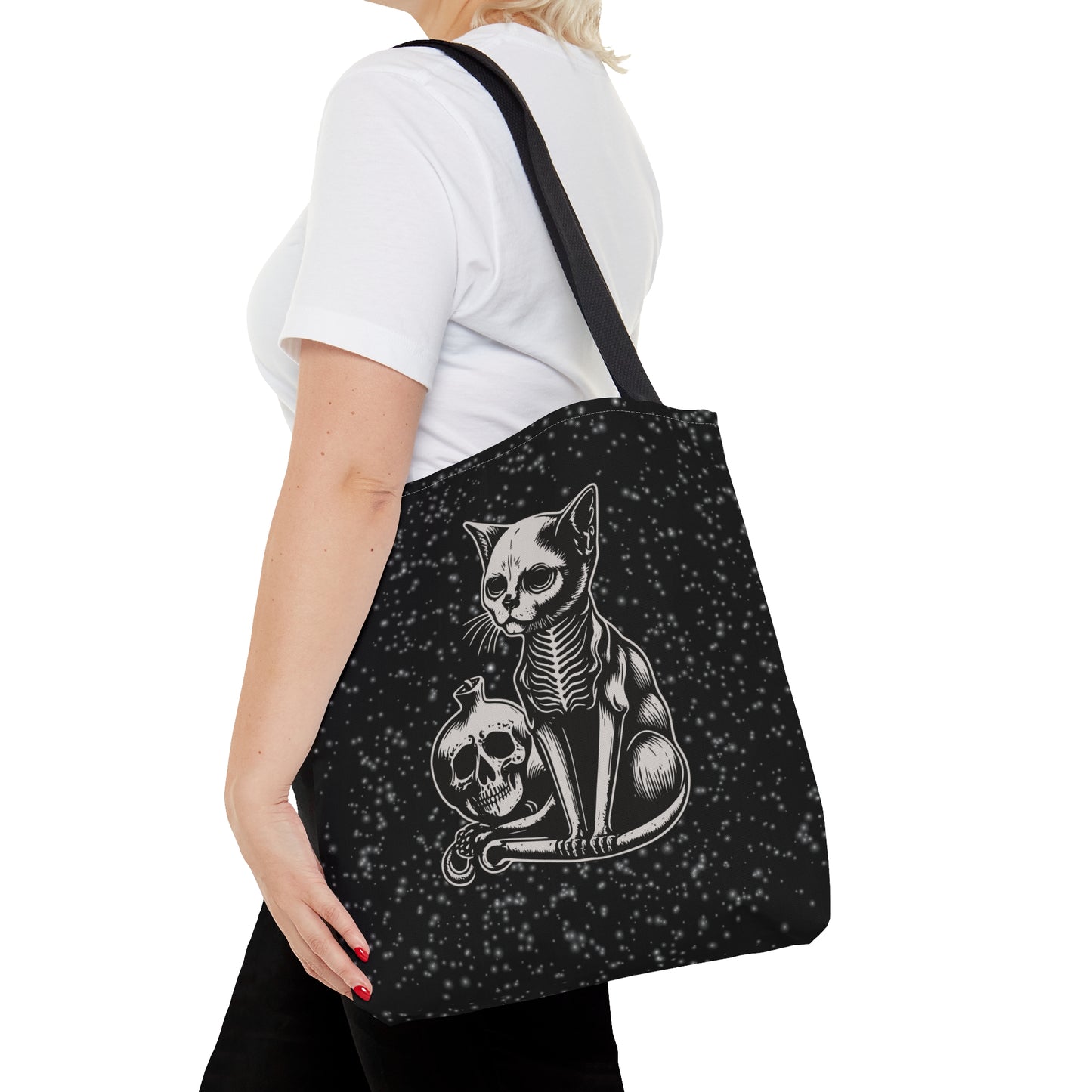 Skeleton Cat Tote, Skeleton Kitty Bag, Goth Cat, Black and white simplistic design