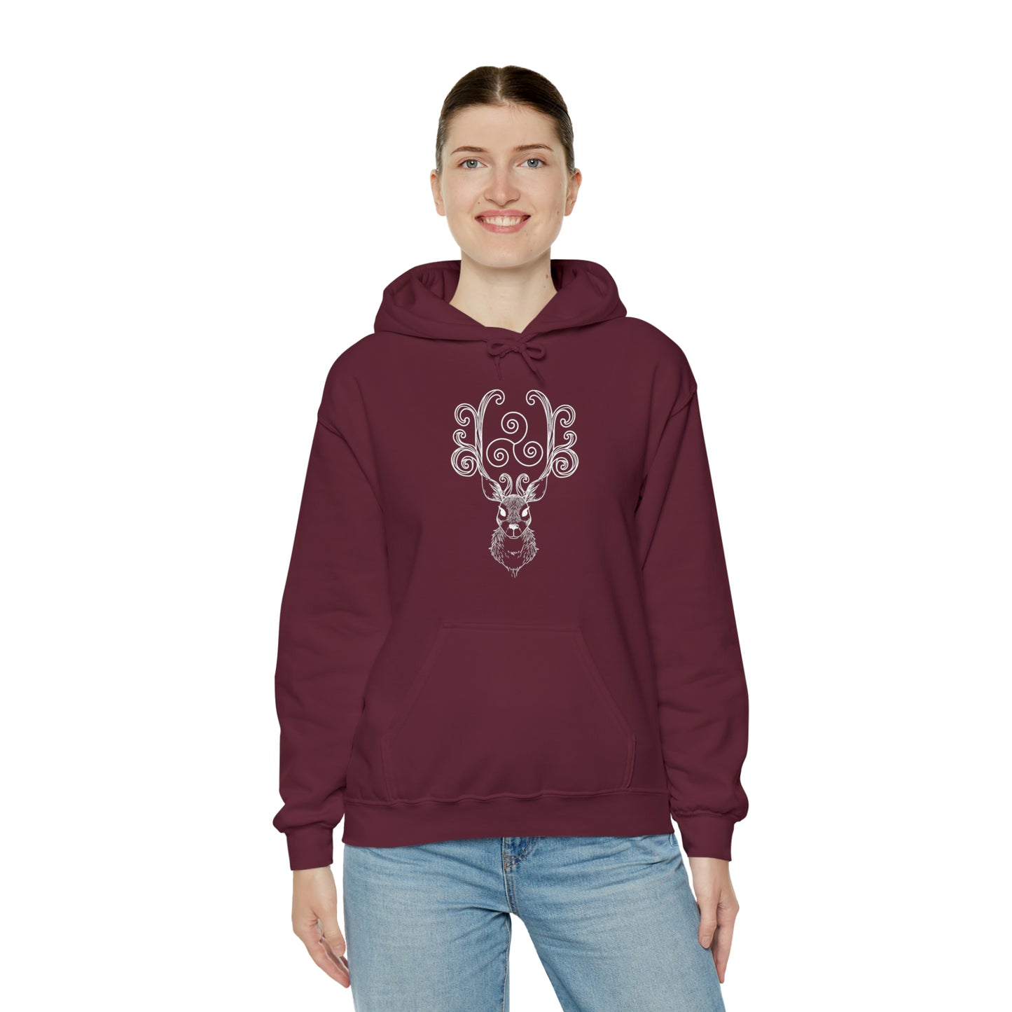 Triskele Stag Unisex Hoodie, Triple Spiral Heavy Blend Hooded Sweatshirt, Magical Deer Hoody