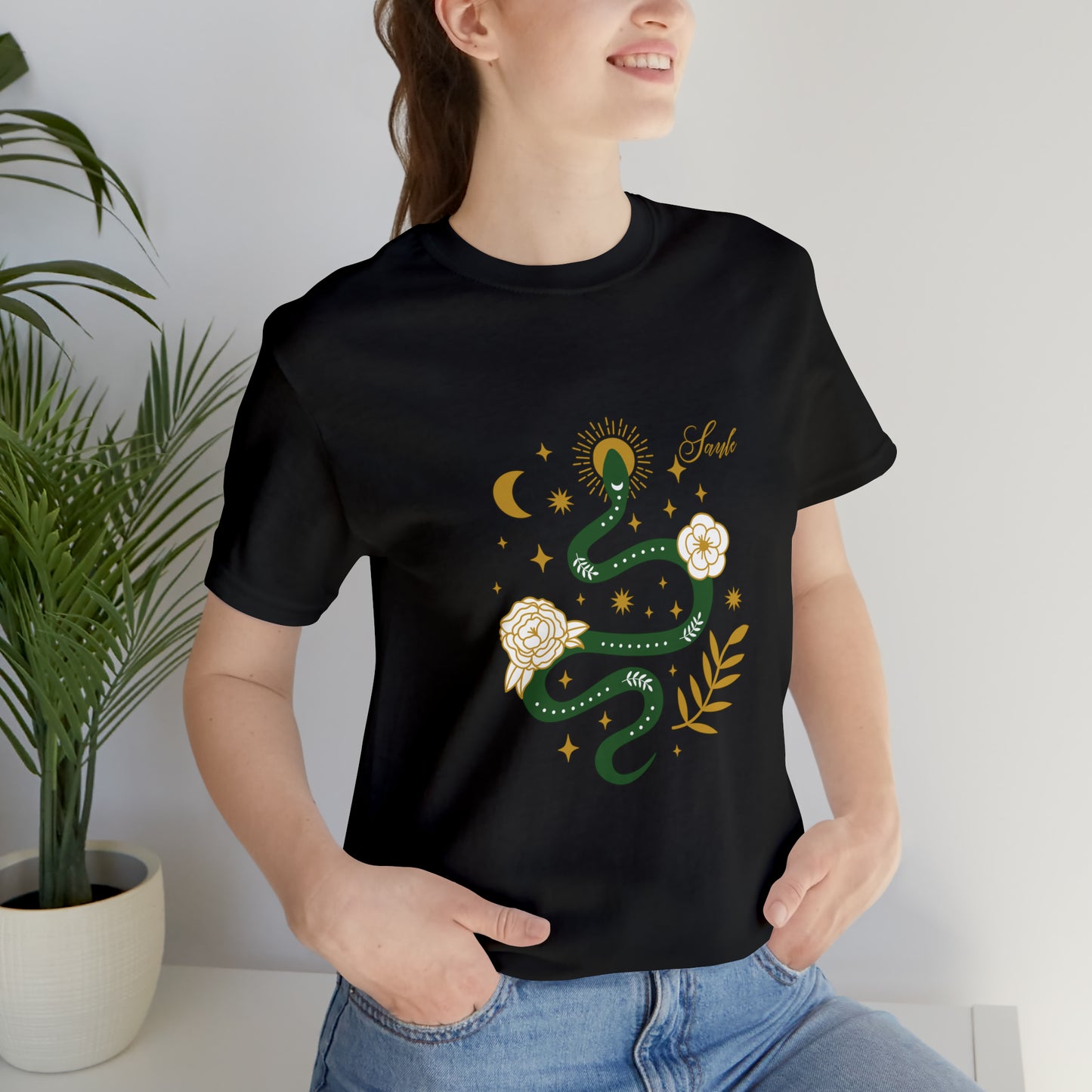 Saule, Goddess of the Sun Unisex Tee, Saule Green Snake + Rosette  T-Shirt