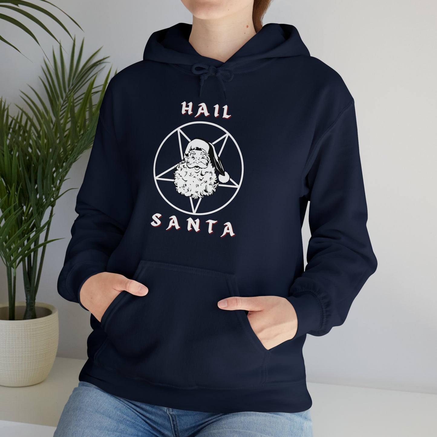 Hail Santa Hoodie, Fun Holiday Heavy Blend Hooded Sweatshirt, Pentagram with Vintage Santa Hoody