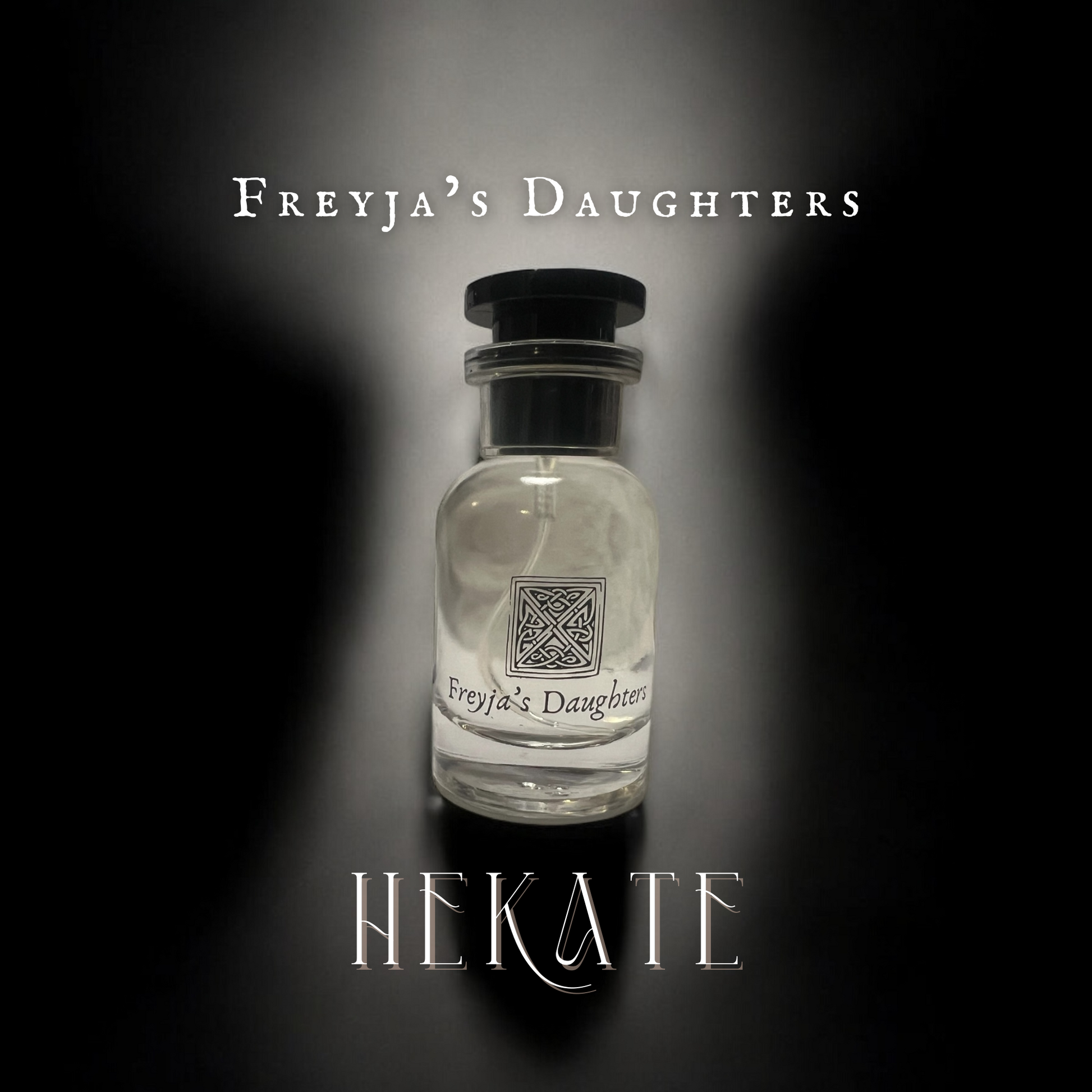 Stylish perfume bottle of Hekate Eau de Toilette by Freyja's Daughters, featuring a round shape with a black cap, set against a dramatic dark background with elegant branding.