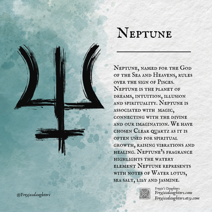 Artistic image of a visually appealing card about Neptune perfume, detailing its association with spirituality and featuring calming design elements.