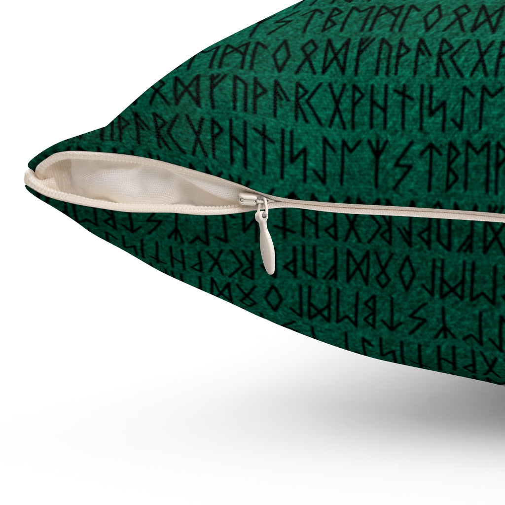 Emerald and Black Runes Throw Pillow, Elder Furthark Rune Pillow, Norse Pagan Home Decor