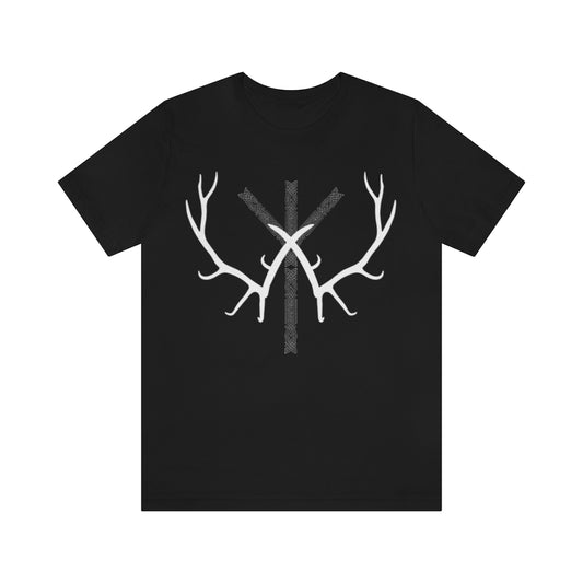 Rune and Antler Unisex Jersey Tee, Algiz with Nordic knotwork, Viking T-shirt, Elder Futhark, Ancient Symbolism