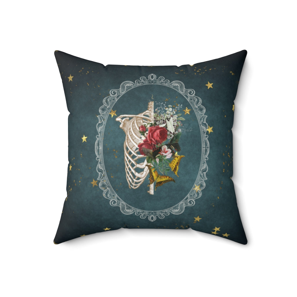 Vintage Floral Skeletal Ribcage Throw Pillow, Gothic Home