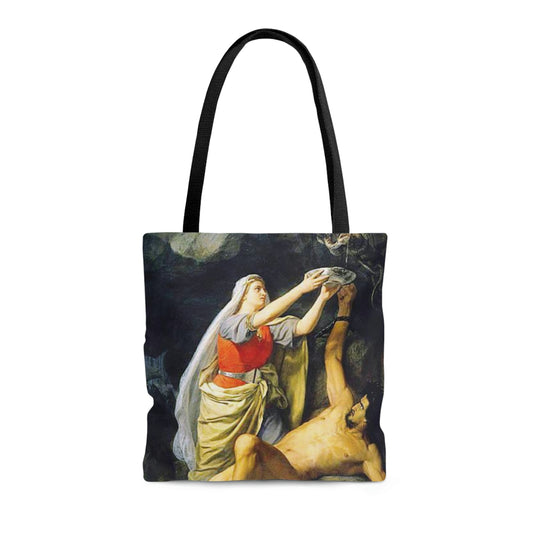 Loki and Sigyn Tote, Magical Symbols Bag, Loki's punsihment Tote Bag