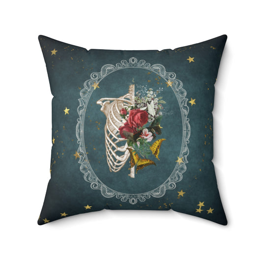 Vintage Floral Skeletal Ribcage Throw Pillow, Gothic Home