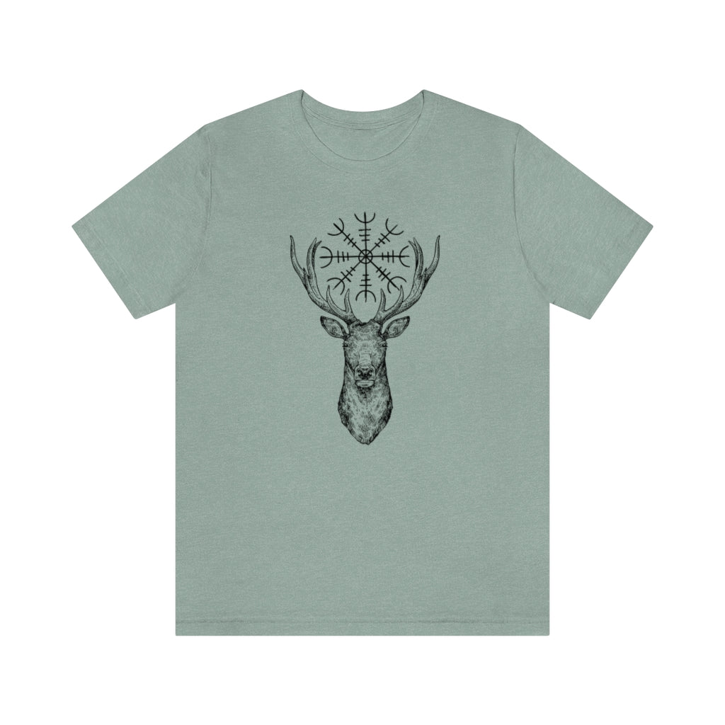 Helm of Awe Stag Unisex Jersey Tee, Stag Antlers Short Sleeve T-Shirt, Norse Paganism, Odin, Protection symbol, Strength