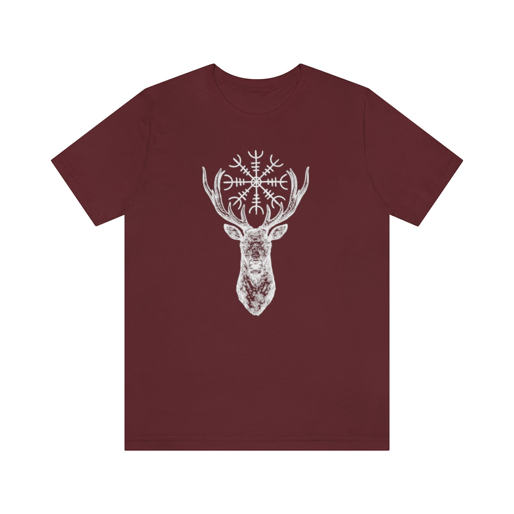 Helm of Awe Stag Unisex Jersey Tee, Stag Antlers Short Sleeve T-Shirt, Norse Paganism, Odin, Protection symbol, Strength