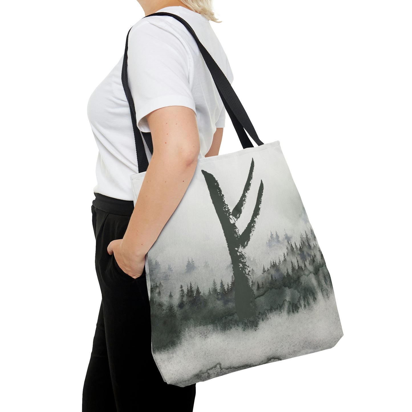 Fehu Forest Tote, Rune Bag with watercolor forest