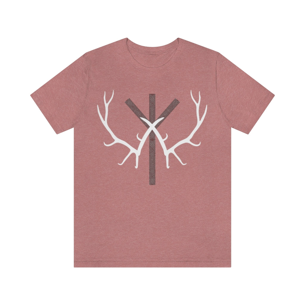 Rune and Antler Unisex Jersey Tee, Algiz with Nordic knotwork, Viking T-shirt, Elder Futhark, Ancient Symbolism