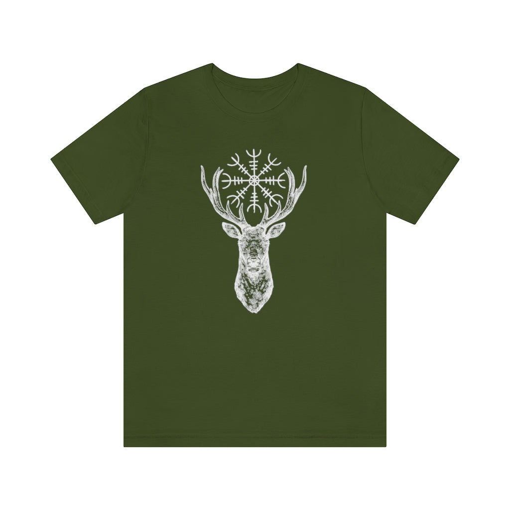 Helm of Awe Stag Unisex Jersey Tee, Stag Antlers Short Sleeve T-Shirt, Norse Paganism, Odin, Protection symbol, Strength