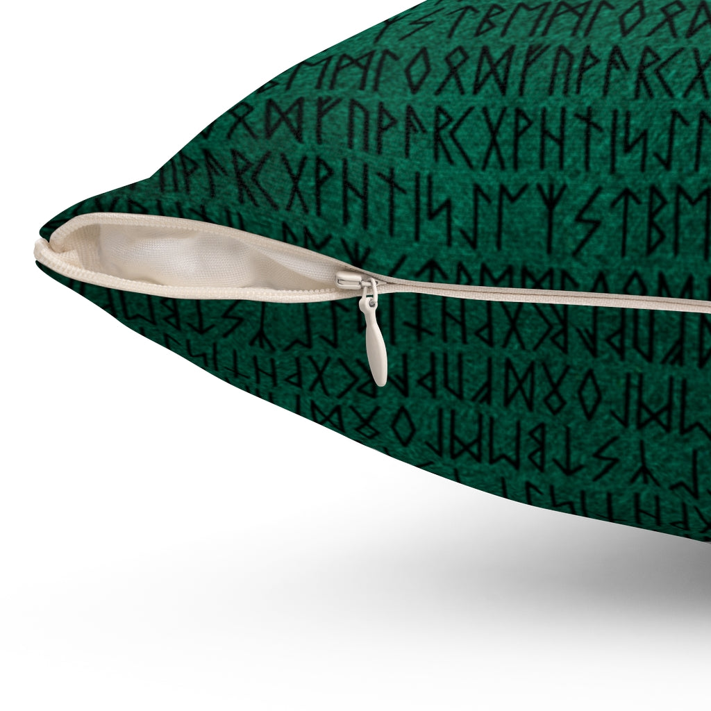 Emerald and Black Runes Throw Pillow, Elder Furthark Rune Pillow, Norse Pagan Home Decor