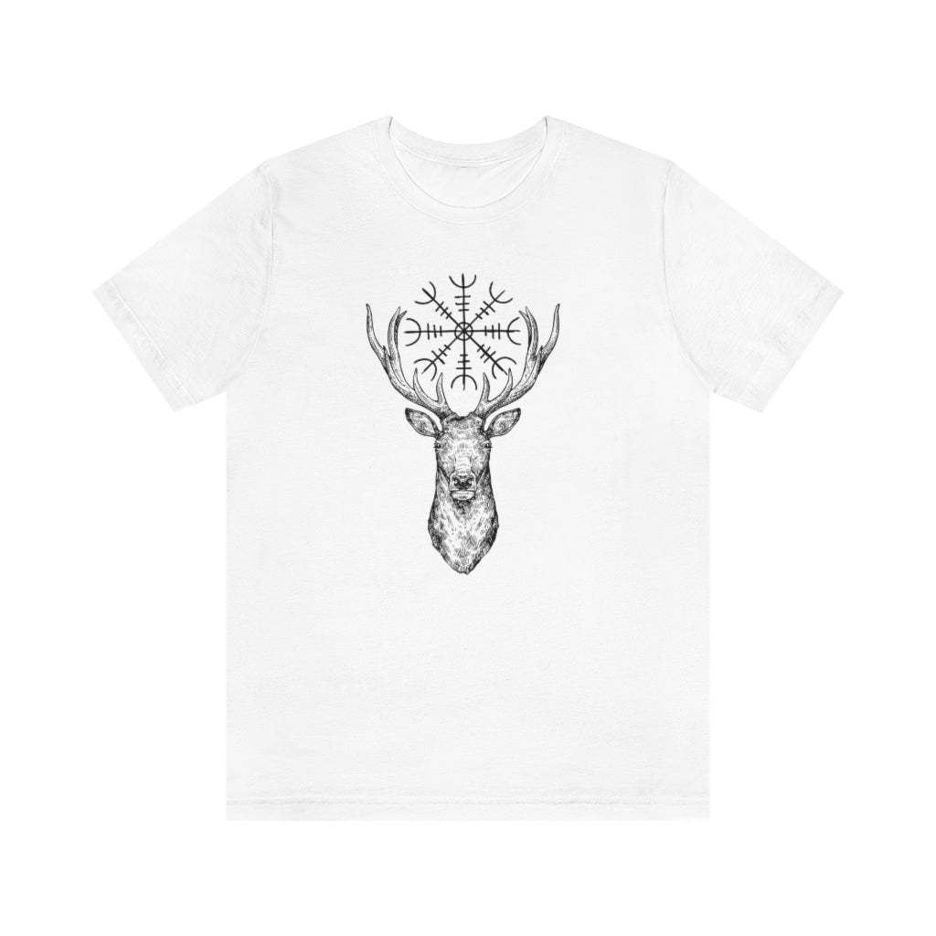 Helm of Awe Stag Unisex Jersey Tee, Stag Antlers Short Sleeve T-Shirt, Norse Paganism, Odin, Protection symbol, Strength