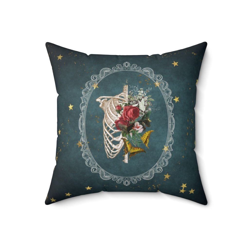 Vintage Floral Skeletal Ribcage Throw Pillow, Gothic Home