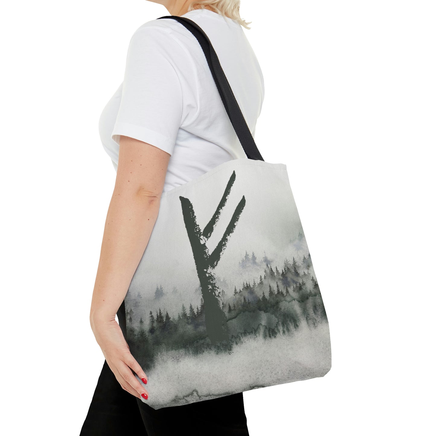 Fehu Forest Tote, Rune Bag with watercolor forest