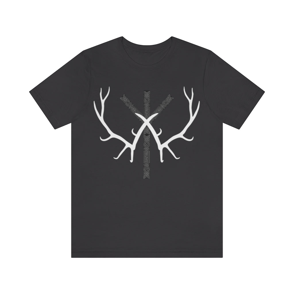 Rune and Antler Unisex Jersey Tee, Algiz with Nordic knotwork, Viking T-shirt, Elder Futhark, Ancient Symbolism